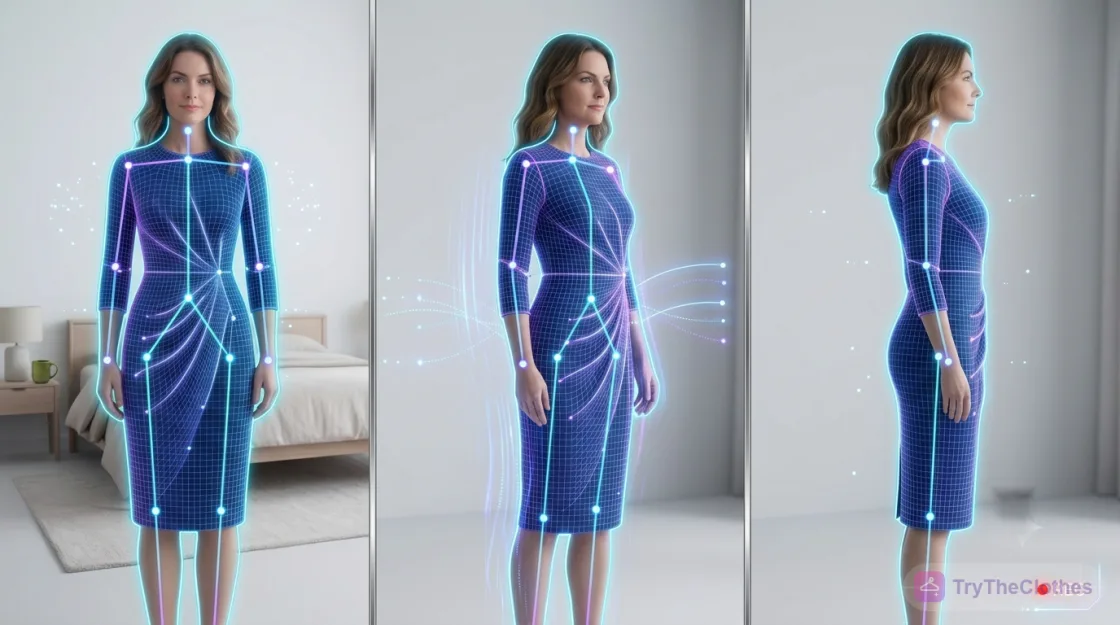 Three frames of a woman in a virtual outfit turning from front to side, like a short motion clip